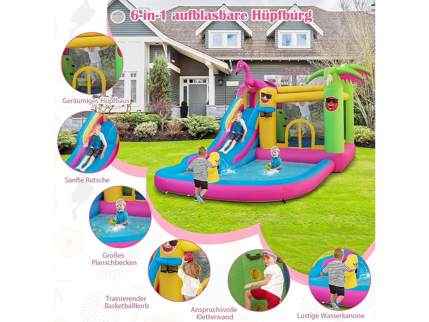 Springkasteel met ventilator, waterpark in flamingo-thema met lange waterglijbaan, kinderbadje, waterkanon & basketbalmand, voor tuin, 450 x 300 x 260 cmZB32961