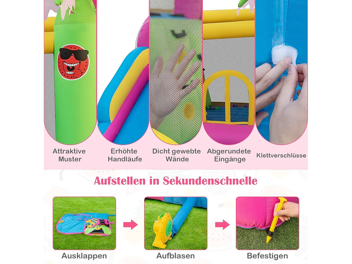 Springkasteel met ventilator, waterpark in flamingo-thema met lange waterglijbaan, kinderbadje, waterkanon & basketbalmand, voor tuin, 450 x 300 x 260 cmZB32961