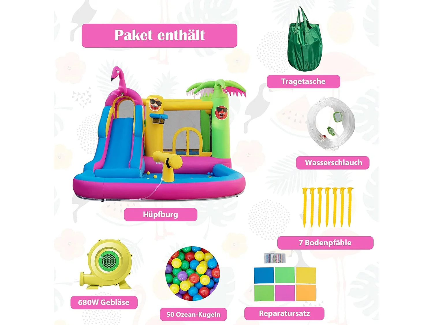 Springkasteel met ventilator, waterpark in flamingo-thema met lange waterglijbaan, kinderbadje, waterkanon & basketbalmand, voor tuin, 450 x 300 x 260 cmZB32961