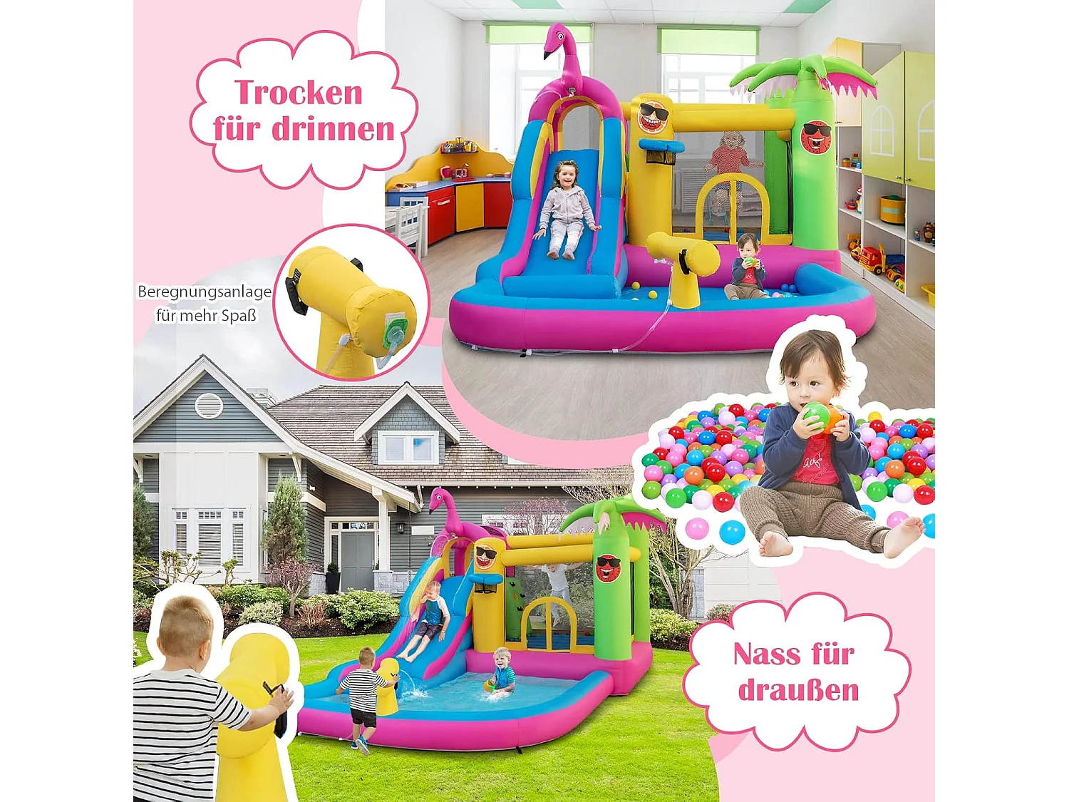 Springkasteel met ventilator, waterpark in flamingo-thema met lange waterglijbaan, kinderbadje, waterkanon & basketbalmand, voor tuin, 450 x 300 x 260 cmZB32961