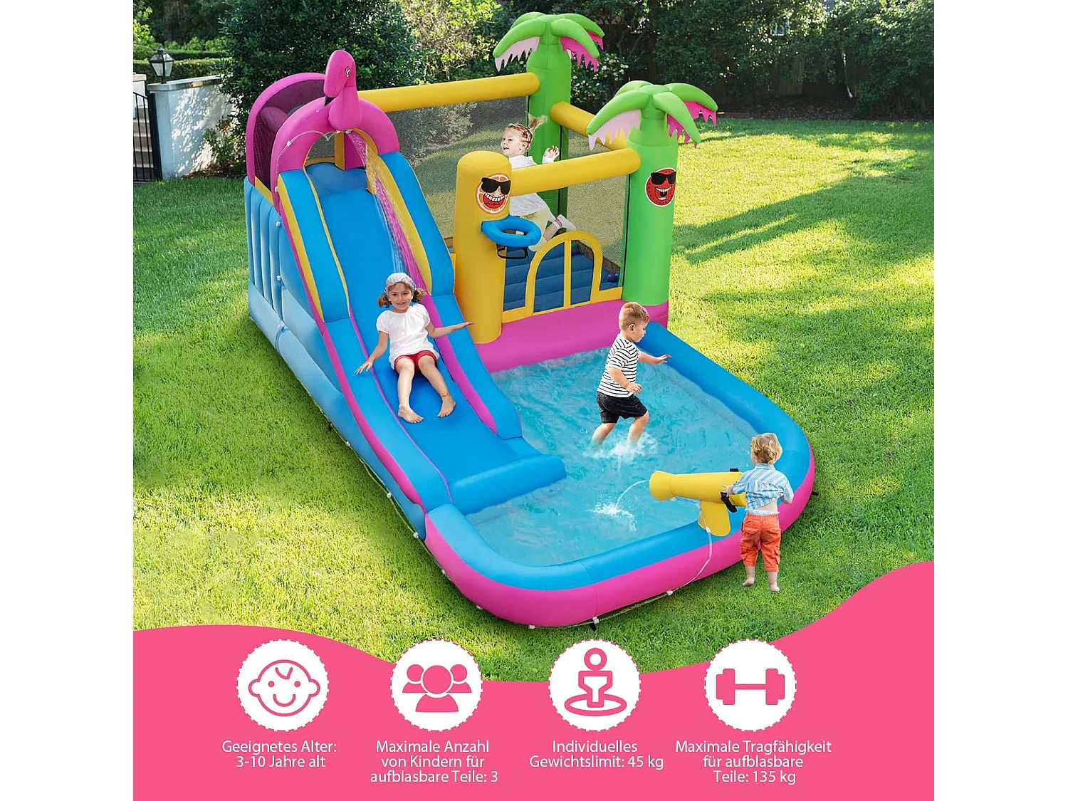 Springkasteel met ventilator, waterpark in flamingo-thema met lange waterglijbaan, kinderbadje, waterkanon & basketbalmand, voor tuin, 450 x 300 x 260 cmZB32961