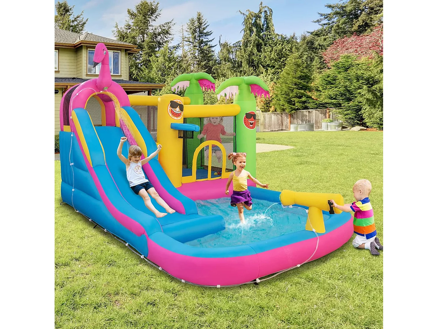 Springkasteel met ventilator, waterpark in flamingo-thema met lange waterglijbaan, kinderbadje, waterkanon & basketbalmand, voor tuin, 450 x 300 x 260 cmZB32961