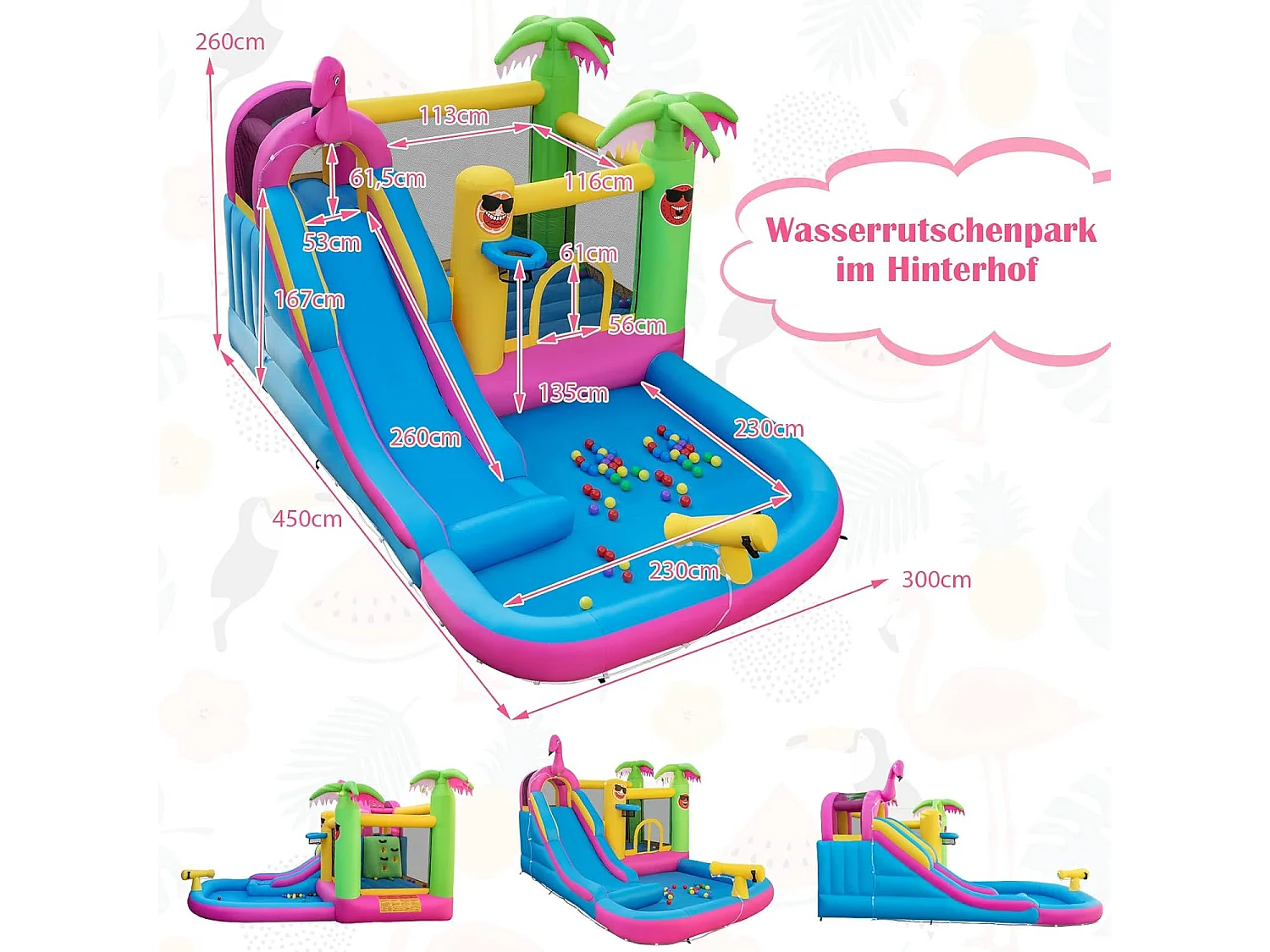 Springkasteel met ventilator, waterpark in flamingo-thema met lange waterglijbaan, kinderbadje, waterkanon & basketbalmand, voor tuin, 450 x 300 x 260 cmZB32961