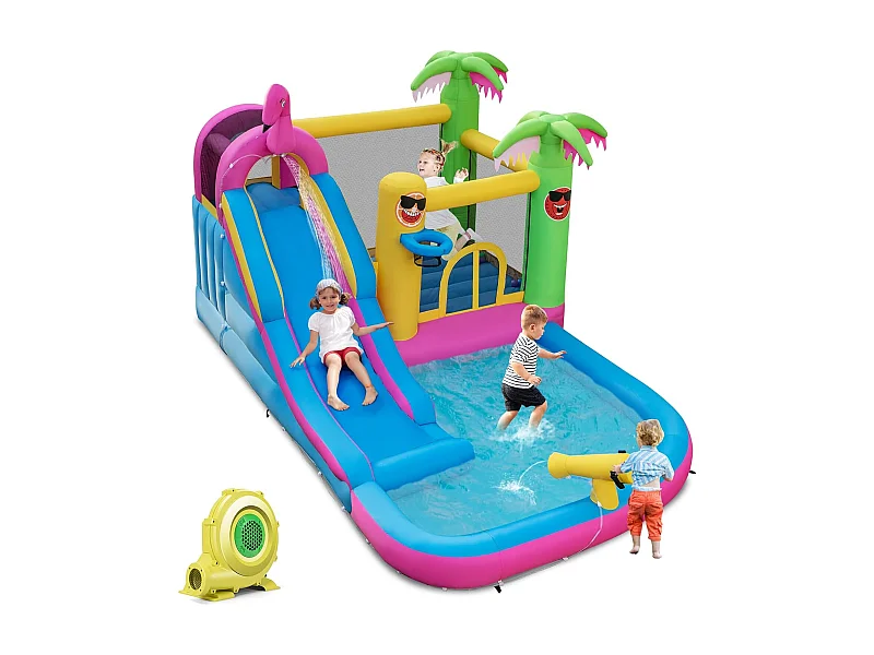 Springkasteel met ventilator, waterpark in flamingo-thema met lange waterglijbaan, kinderbadje, waterkanon & basketbalmand, voor tuin, 450 x 300 x 260 cmZB32961