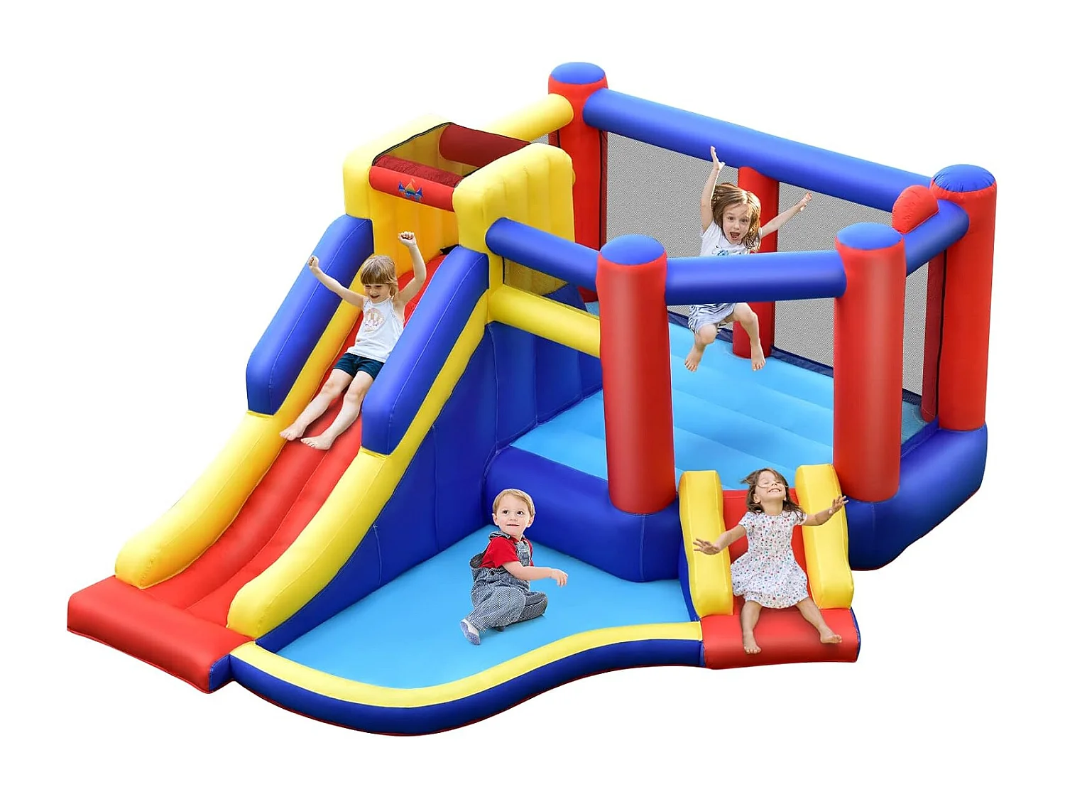 Springkasteel met lange glijbaan, groot springgebied, outdoor springkasteel voor kinderen incl. draagtas, 383 x 313 x 182 cm