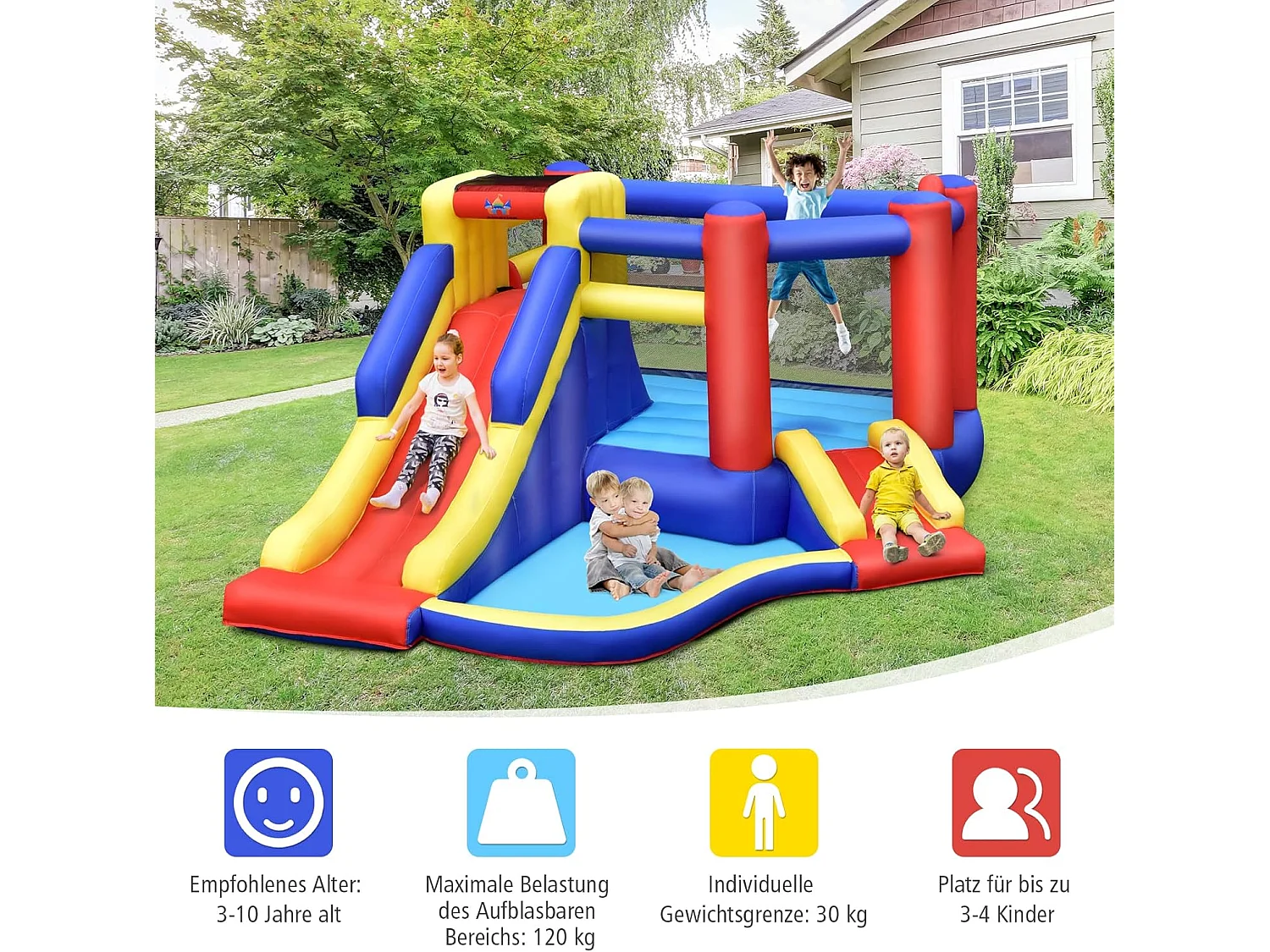 Springkasteel met lange glijbaan, groot springgebied, outdoor springkasteel voor kinderen incl. draagtas, 383 x 313 x 182 cm