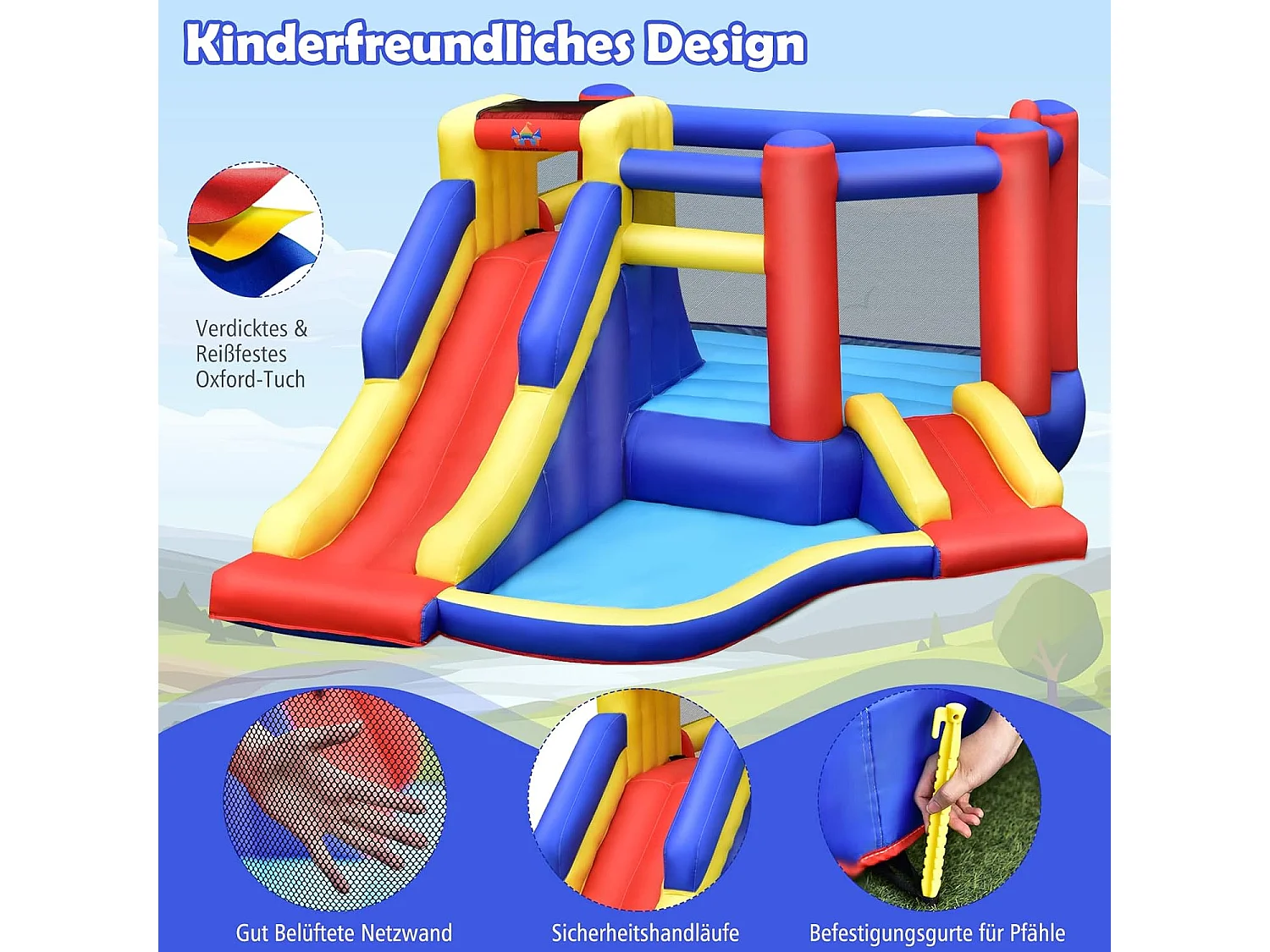 Springkasteel met lange glijbaan, groot springgebied, outdoor springkasteel voor kinderen incl. draagtas, 383 x 313 x 182 cm