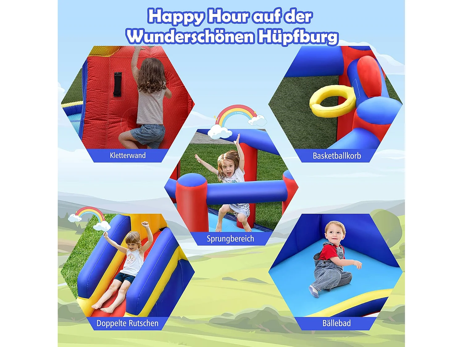 Springkasteel met lange glijbaan, groot springgebied, outdoor springkasteel voor kinderen incl. draagtas, 383 x 313 x 182 cm