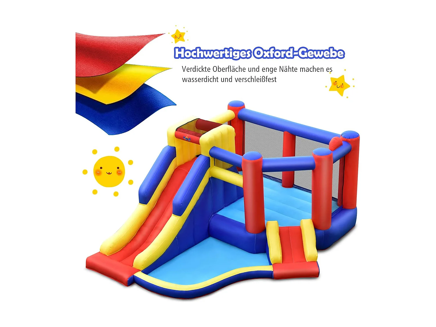 Springkasteel met lange glijbaan, groot springgebied, outdoor springkasteel voor kinderen incl. draagtas, 383 x 313 x 182 cm