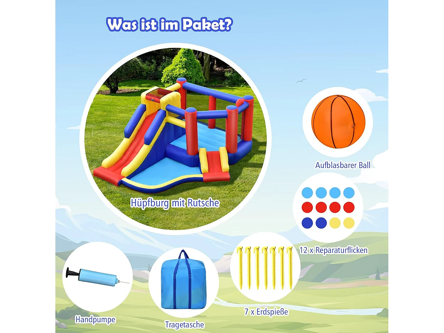 Springkasteel met lange glijbaan, groot springgebied, outdoor springkasteel voor kinderen incl. draagtas, 383 x 313 x 182 cm