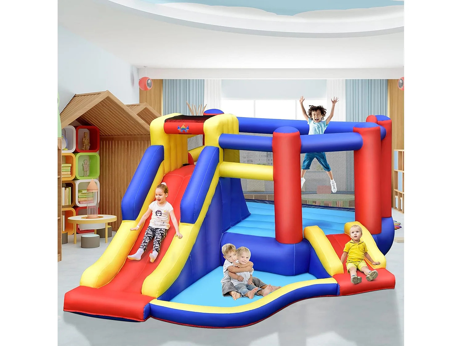 Springkasteel met lange glijbaan, groot springgebied, outdoor springkasteel voor kinderen incl. draagtas, 383 x 313 x 182 cm