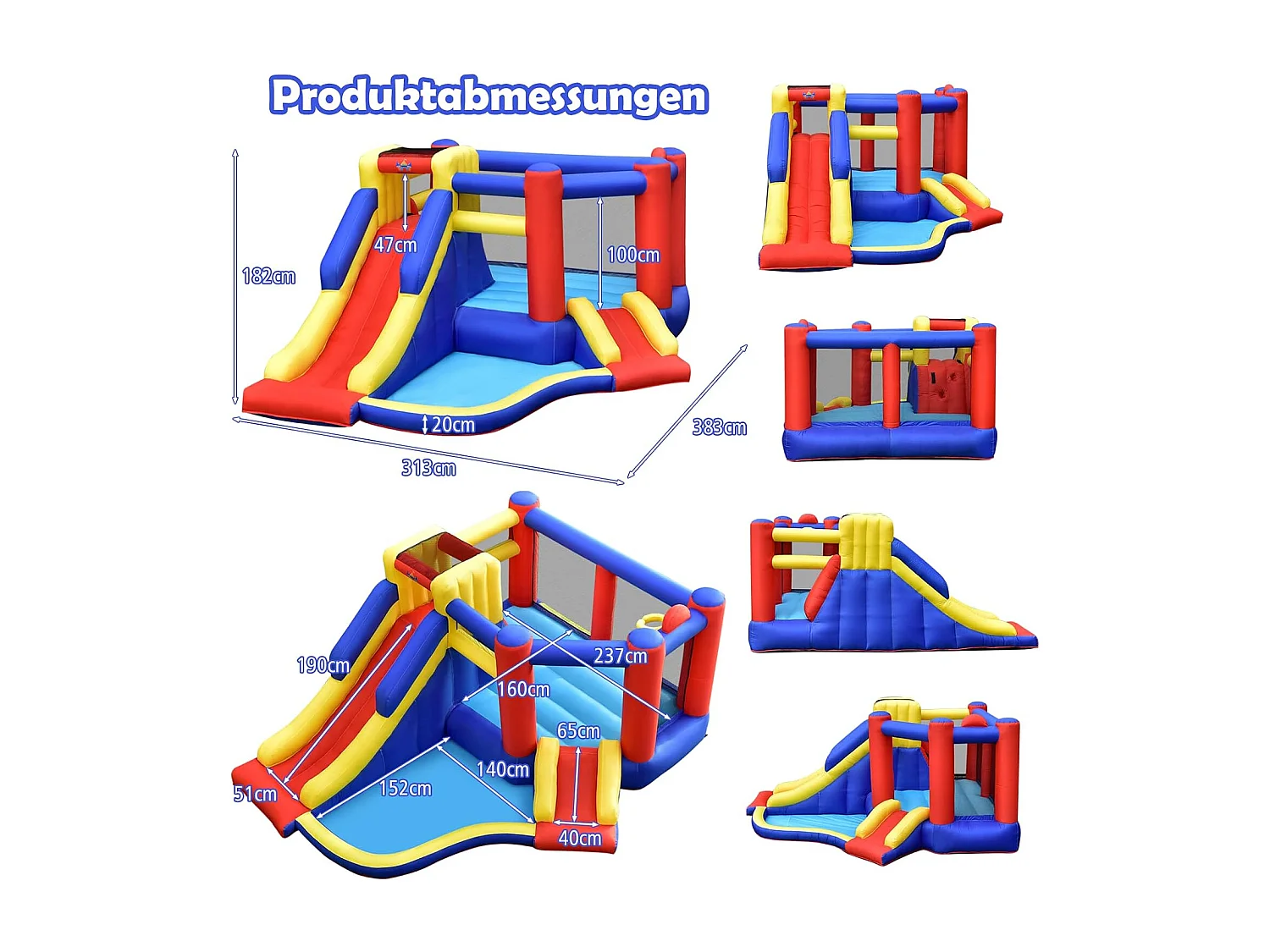 Springkasteel met lange glijbaan, groot springgebied, outdoor springkasteel voor kinderen incl. draagtas, 383 x 313 x 182 cm