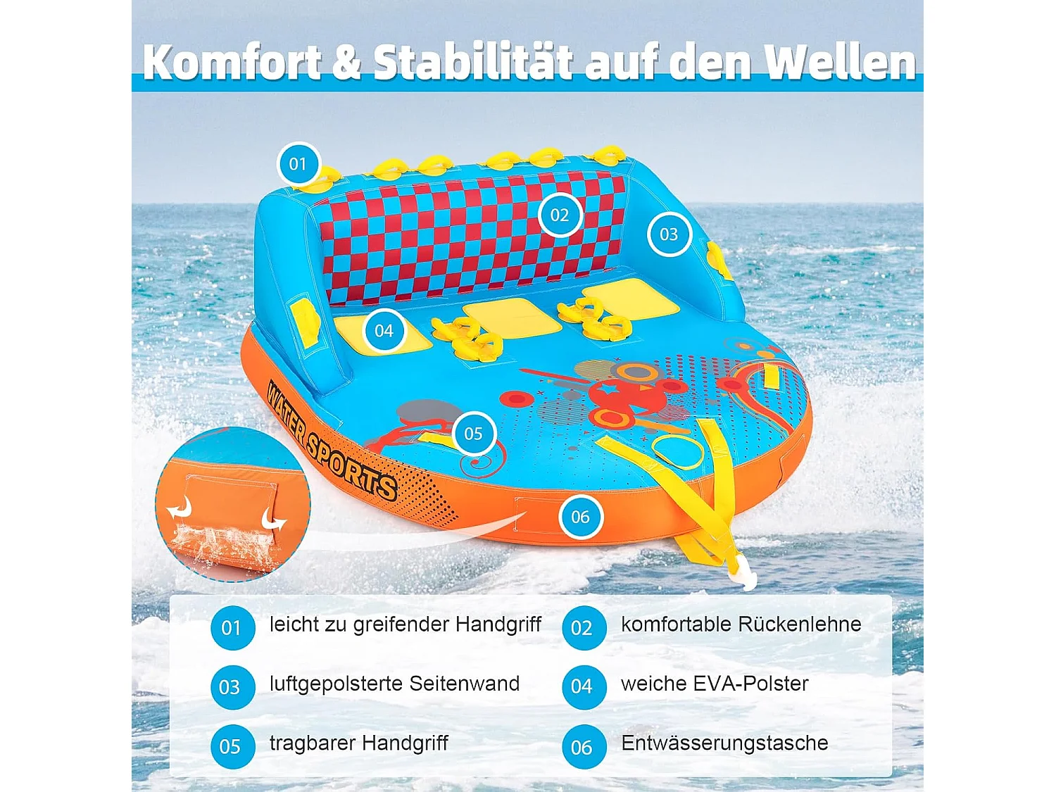 Funtube voor 3 personen, towable tube om op te zitten en te knielen, voor boot