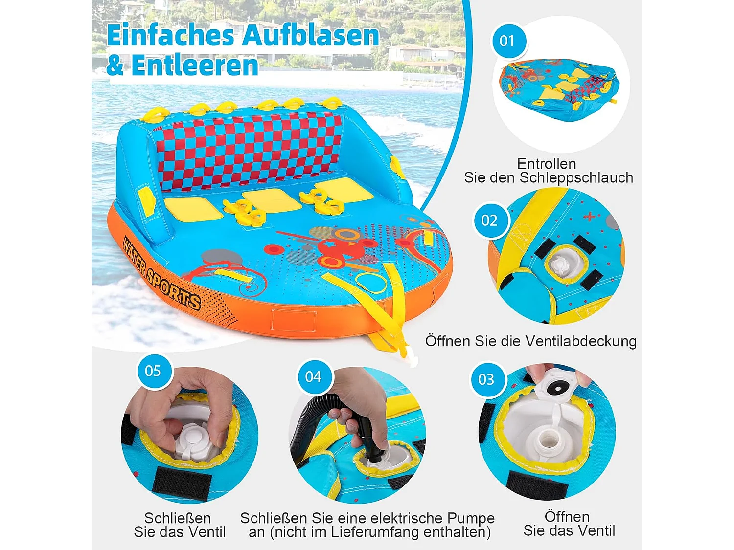 Funtube voor 3 personen, towable tube om op te zitten en te knielen, voor boot