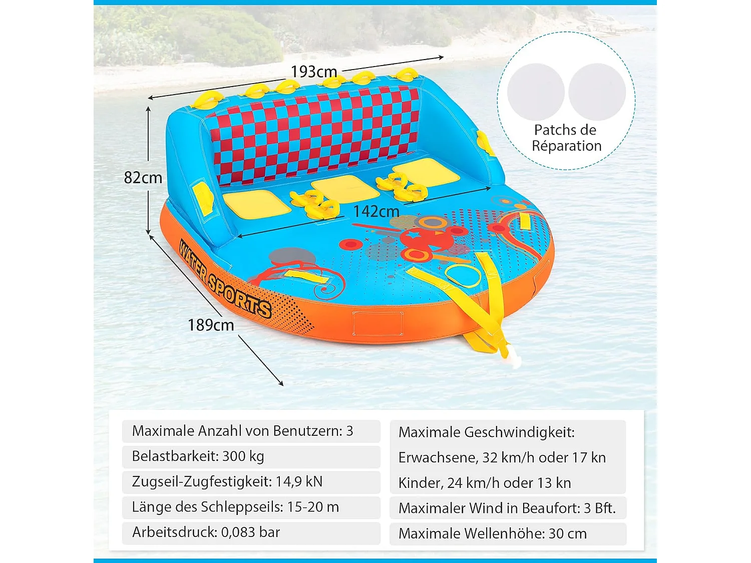 Funtube voor 3 personen, towable tube om op te zitten en te knielen, voor boot
