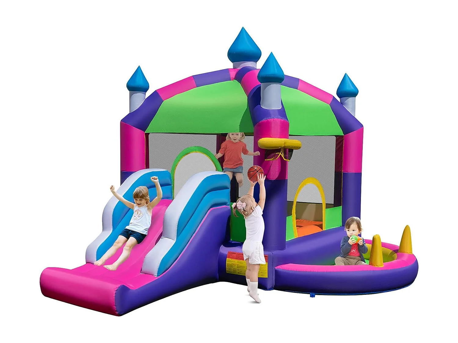 Springkasteel met zonnedak, glijbaan, springgebied, basketbalmand, oceaanballen & ringwerpspel, Bouncy Castle voor kinderen, 385 x 332,5 x 300 cm