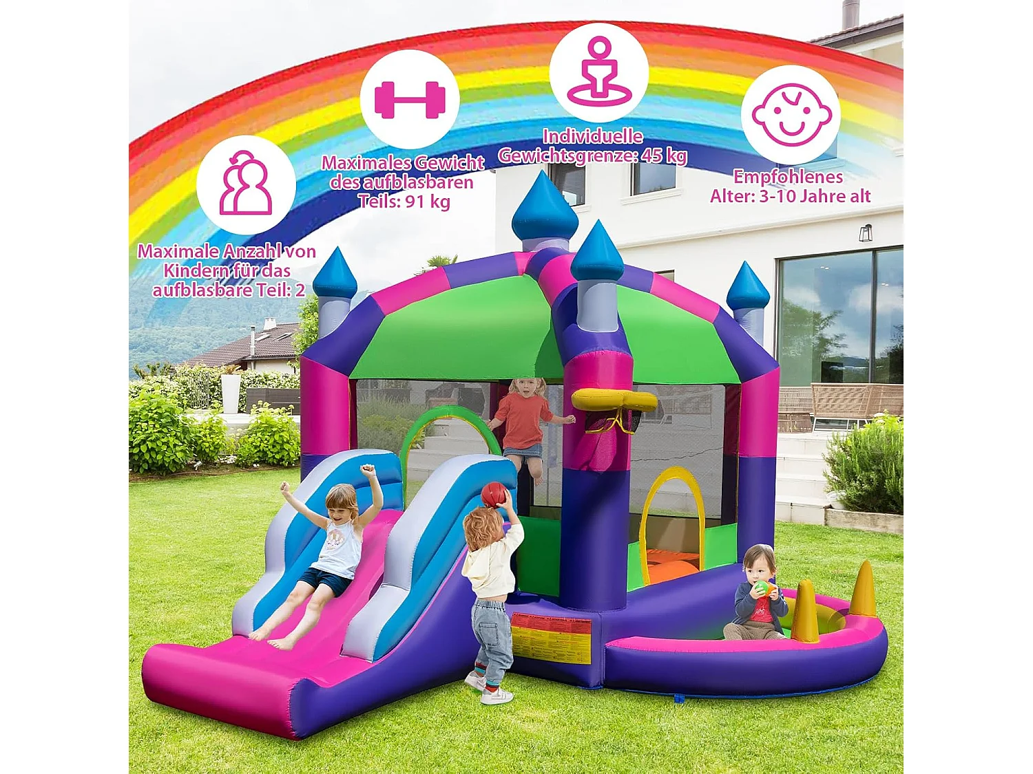 Springkasteel met zonnedak, glijbaan, springgebied, basketbalmand, oceaanballen & ringwerpspel, Bouncy Castle voor kinderen, 385 x 332,5 x 300 cm