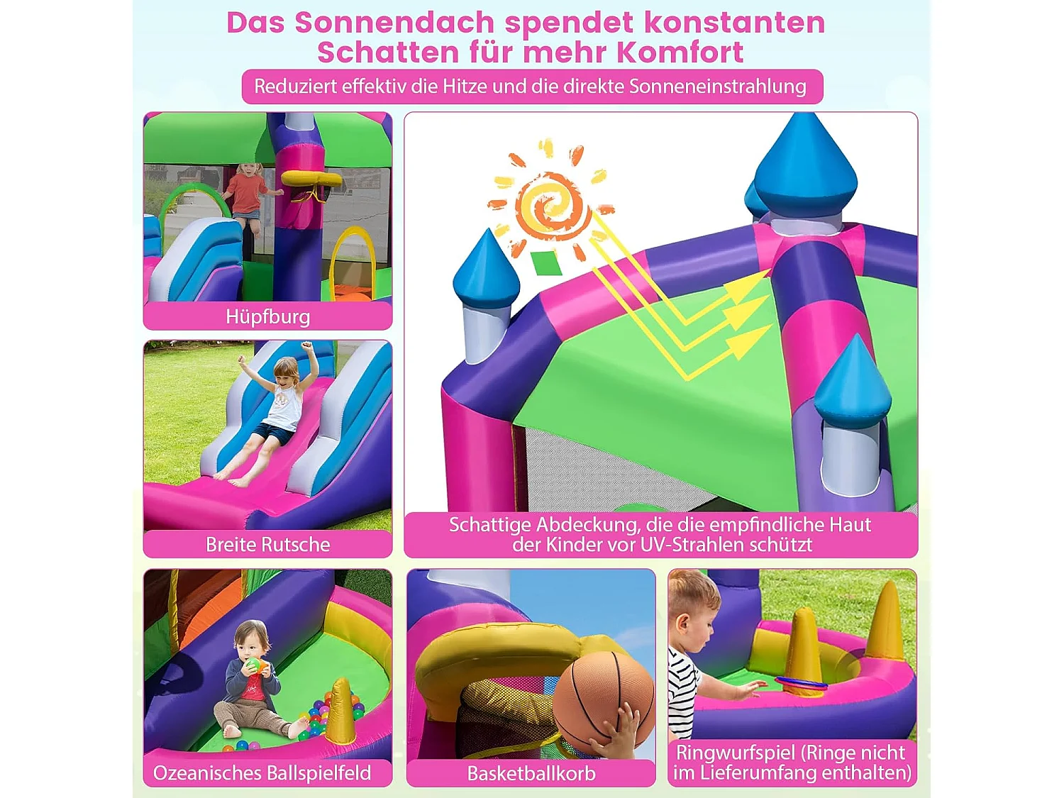 Springkasteel met zonnedak, glijbaan, springgebied, basketbalmand, oceaanballen & ringwerpspel, Bouncy Castle voor kinderen, 385 x 332,5 x 300 cm