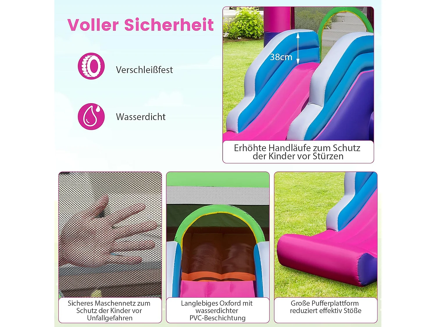 Springkasteel met zonnedak, glijbaan, springgebied, basketbalmand, oceaanballen & ringwerpspel, Bouncy Castle voor kinderen, 385 x 332,5 x 300 cm