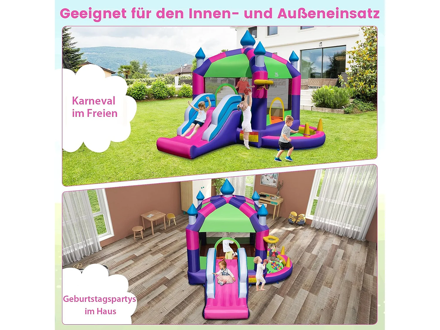 Springkasteel met zonnedak, glijbaan, springgebied, basketbalmand, oceaanballen & ringwerpspel, Bouncy Castle voor kinderen, 385 x 332,5 x 300 cm