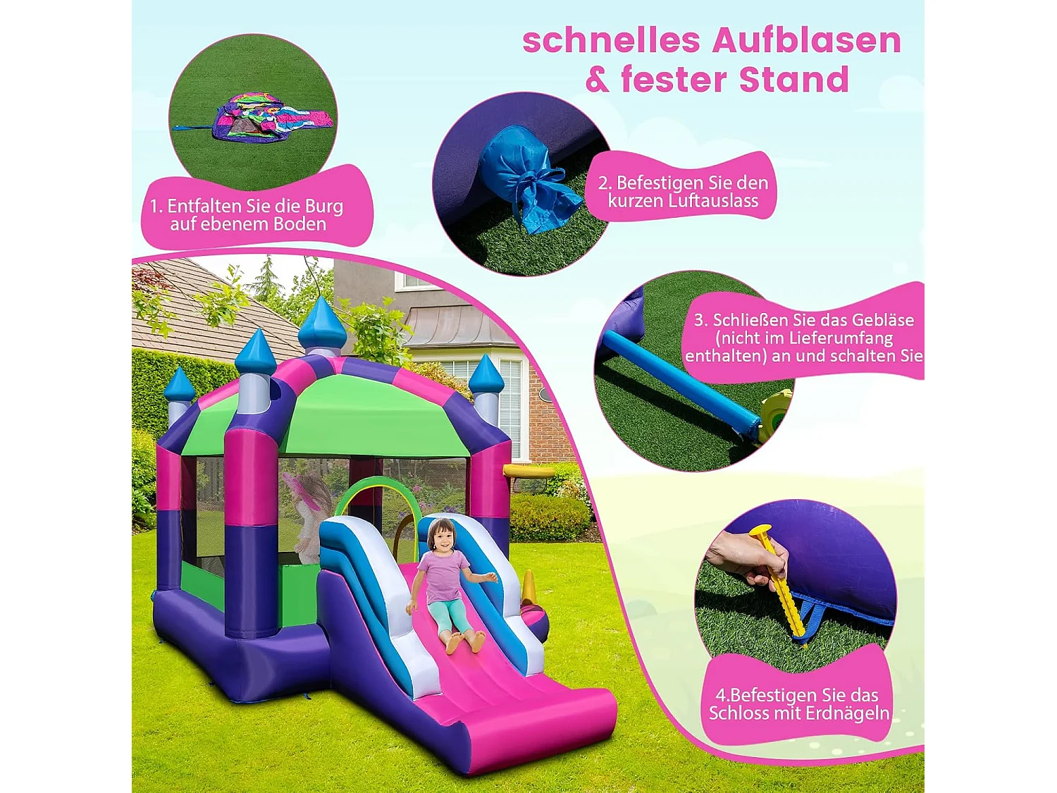 Springkasteel met zonnedak, glijbaan, springgebied, basketbalmand, oceaanballen & ringwerpspel, Bouncy Castle voor kinderen, 385 x 332,5 x 300 cm