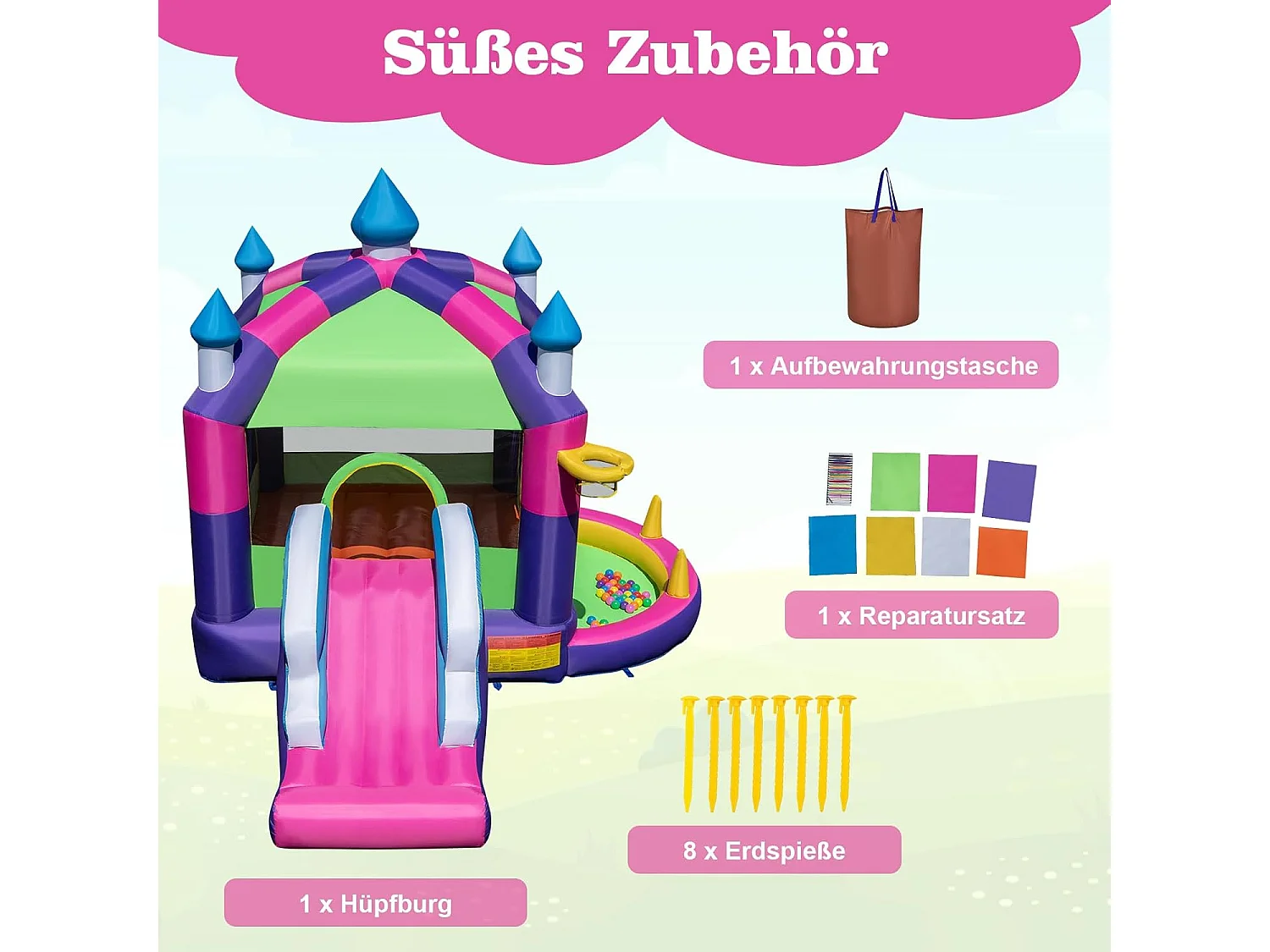 Springkasteel met zonnedak, glijbaan, springgebied, basketbalmand, oceaanballen & ringwerpspel, Bouncy Castle voor kinderen, 385 x 332,5 x 300 cm