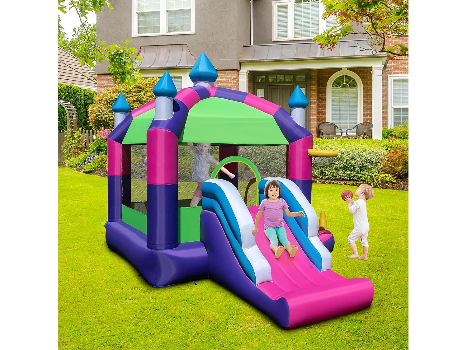 Springkasteel met zonnedak, glijbaan, springgebied, basketbalmand, oceaanballen & ringwerpspel, Bouncy Castle voor kinderen, 385 x 332,5 x 300 cm