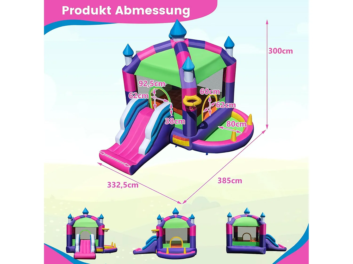 Springkasteel met zonnedak, glijbaan, springgebied, basketbalmand, oceaanballen & ringwerpspel, Bouncy Castle voor kinderen, 385 x 332,5 x 300 cm