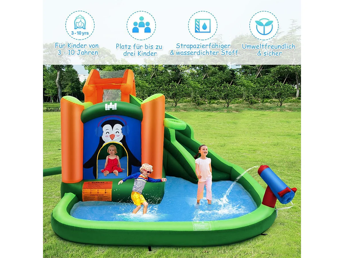 Springkasteel met glijbaan, klimwand, kinderbadje, waterkanon en basketbalring, waterpark voor nat en droog gebruik, inclusief reparatieset, draagtas groen