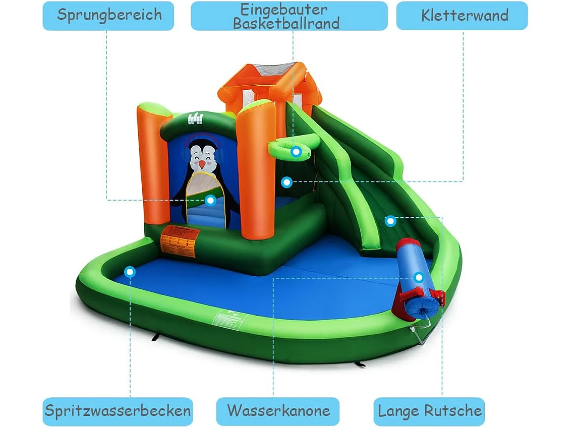Springkasteel met glijbaan, klimwand, kinderbadje, waterkanon en basketbalring, waterpark voor nat en droog gebruik, inclusief reparatieset, draagtas groen