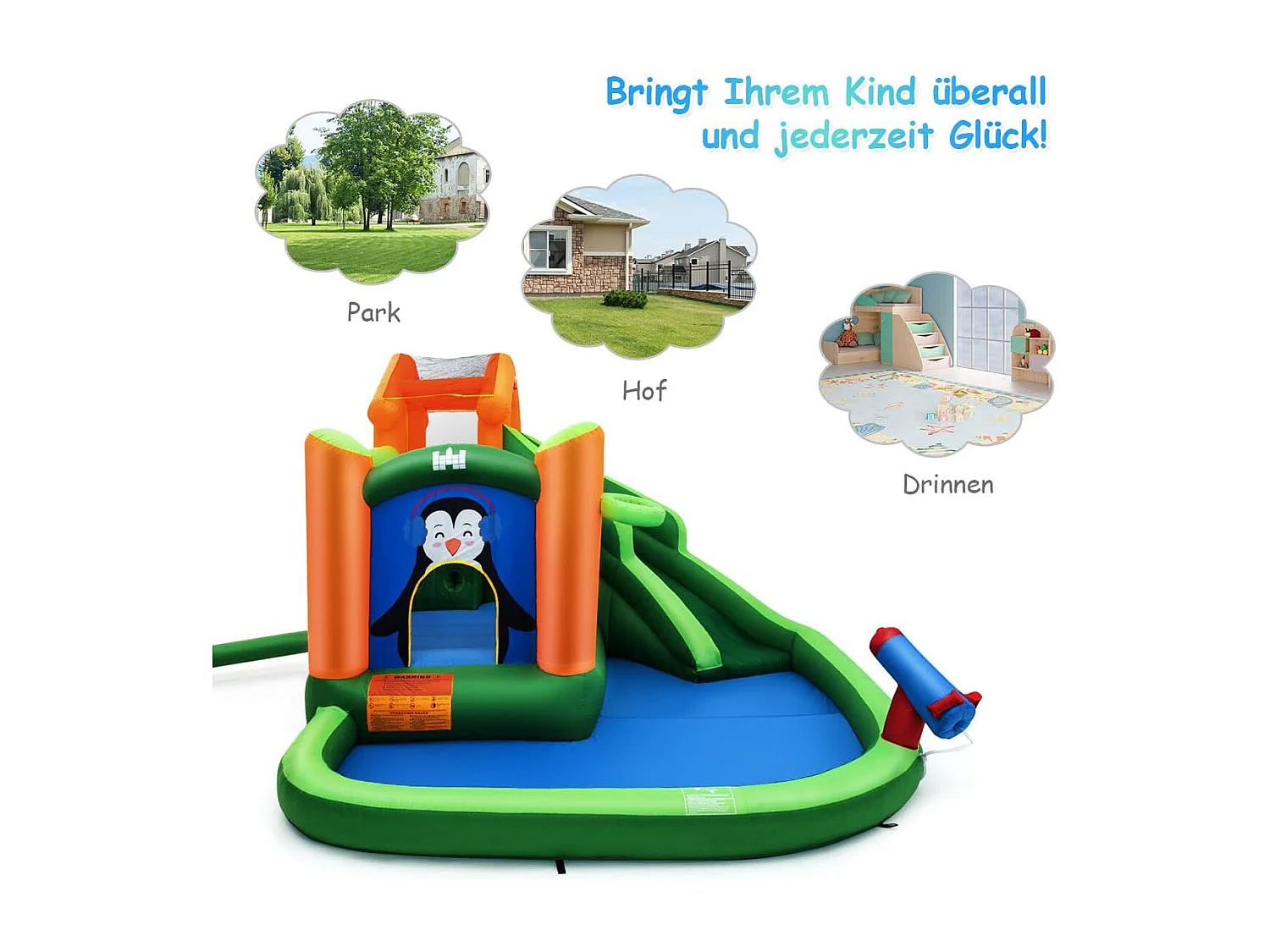 Springkasteel met glijbaan, klimwand, kinderbadje, waterkanon en basketbalring, waterpark voor nat en droog gebruik, inclusief reparatieset, draagtas groen