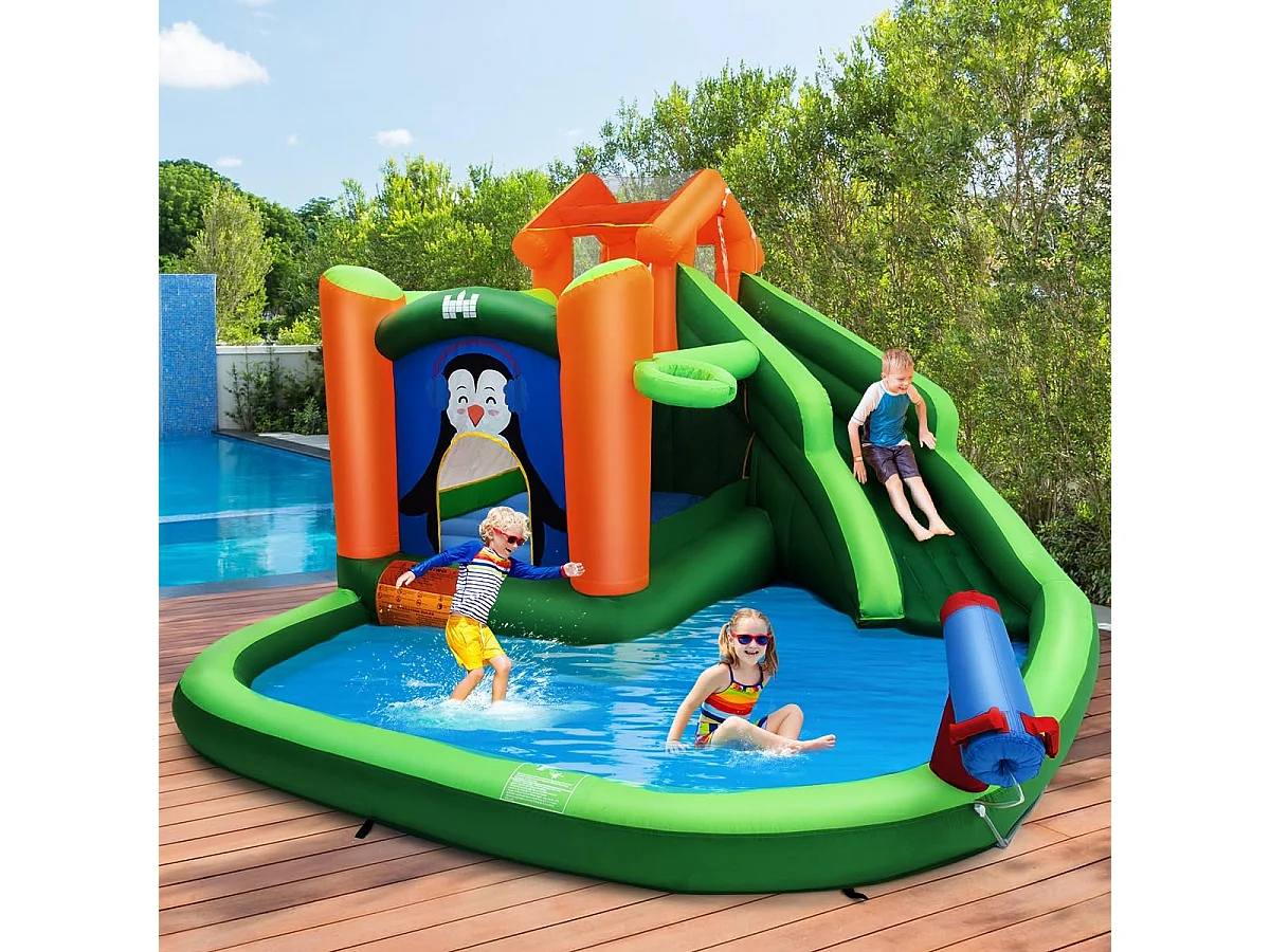 Springkasteel met glijbaan, klimwand, kinderbadje, waterkanon en basketbalring, waterpark voor nat en droog gebruik, inclusief reparatieset, draagtas groen