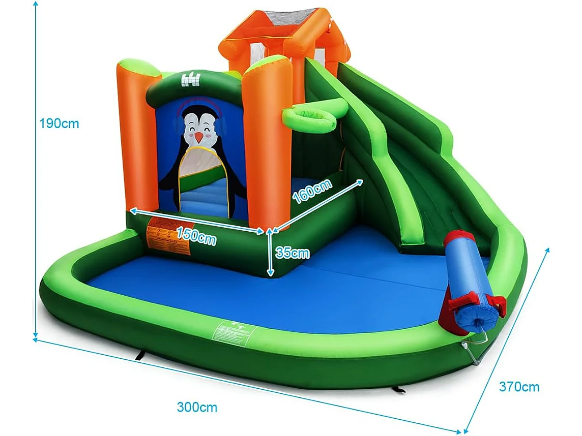 Springkasteel met glijbaan, klimwand, kinderbadje, waterkanon en basketbalring, waterpark voor nat en droog gebruik, inclusief reparatieset, draagtas groen