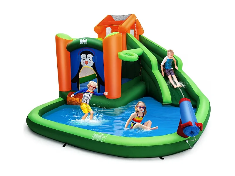 Springkasteel met glijbaan, klimwand, kinderbadje, waterkanon en basketbalring, waterpark voor nat en droog gebruik, inclusief reparatieset, draagtas groen