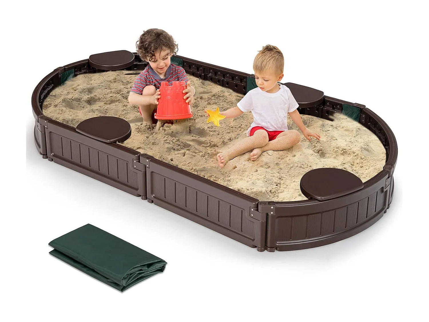 Zandbak zandbak met waterdichte afdekking en vloerbekleding, outdoor zandbak, ruimte voor 4 kinderen, 183 x 105 x 21 cmZB32463