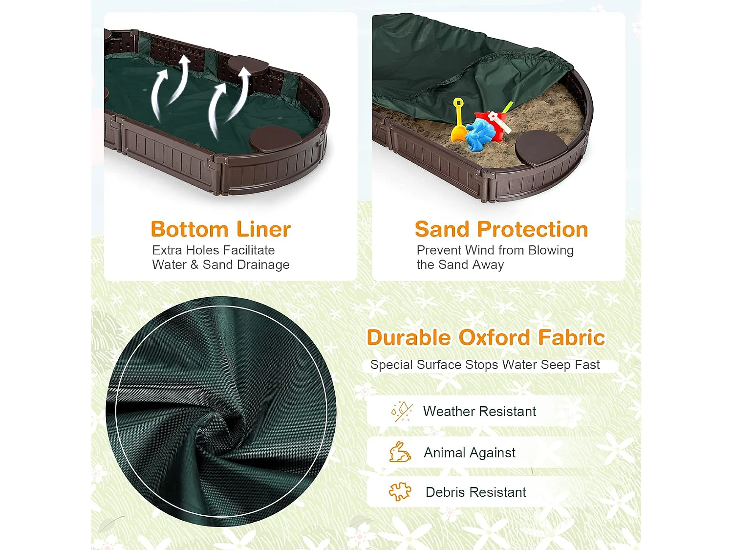 Zandbak zandbak met waterdichte afdekking en vloerbekleding, outdoor zandbak, ruimte voor 4 kinderen, 183 x 105 x 21 cmZB32463