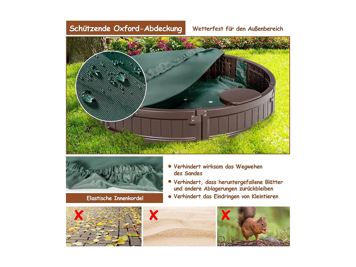 Ø 120 cm ronde zandbak met waterdichte afdekking en vloerbekleding, outdoor zandbak ruimte voor 3 kinderen ZB32464