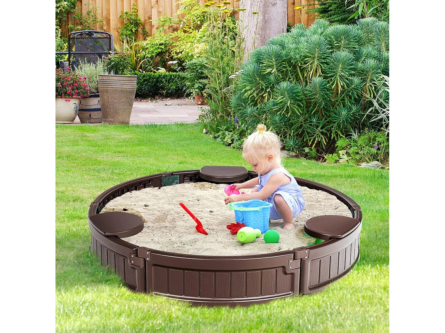 Ø 120 cm ronde zandbak met waterdichte afdekking en vloerbekleding, outdoor zandbak ruimte voor 3 kinderen ZB32464