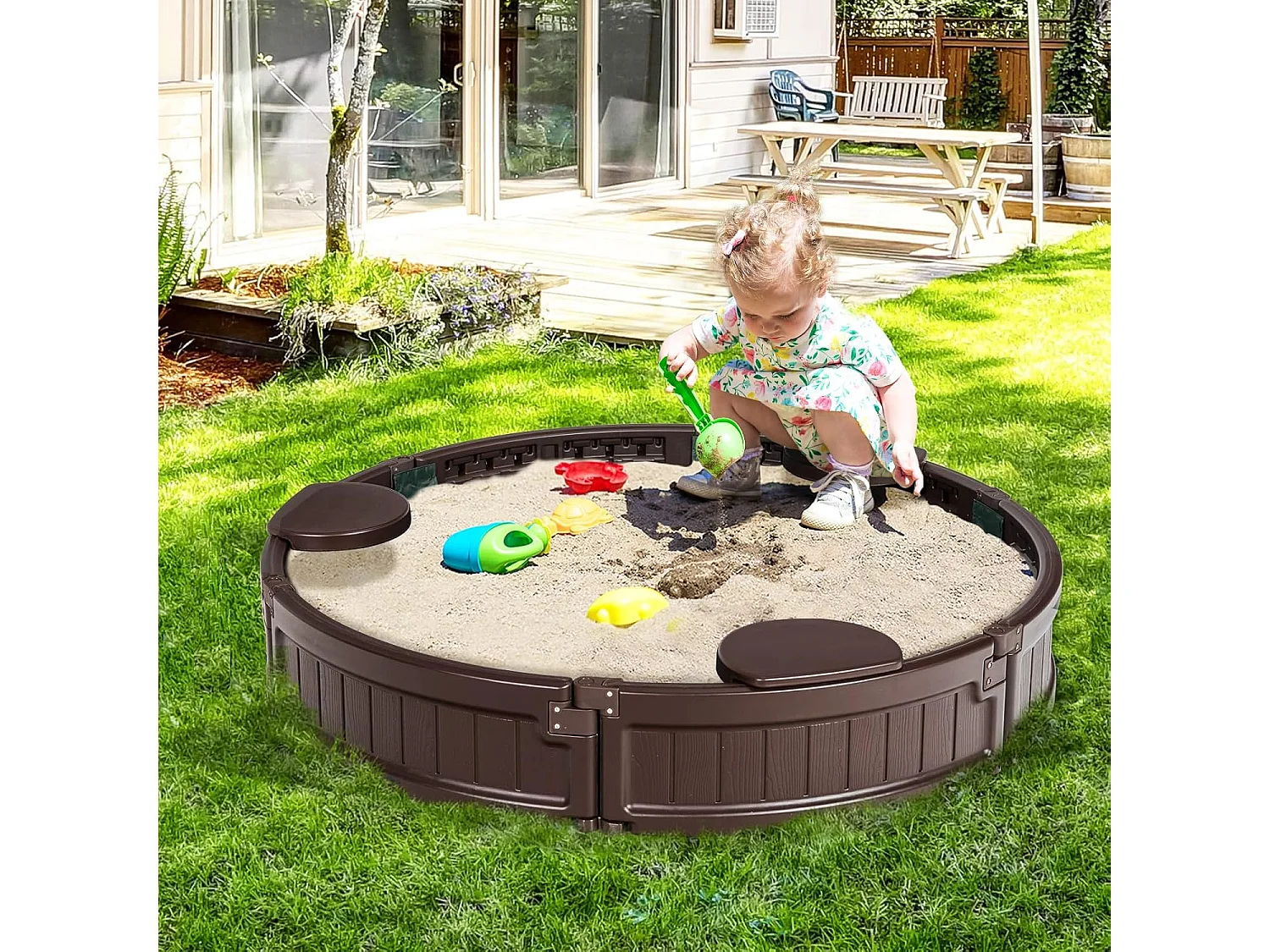 Ø 120 cm ronde zandbak met waterdichte afdekking en vloerbekleding, outdoor zandbak ruimte voor 3 kinderen ZB32464