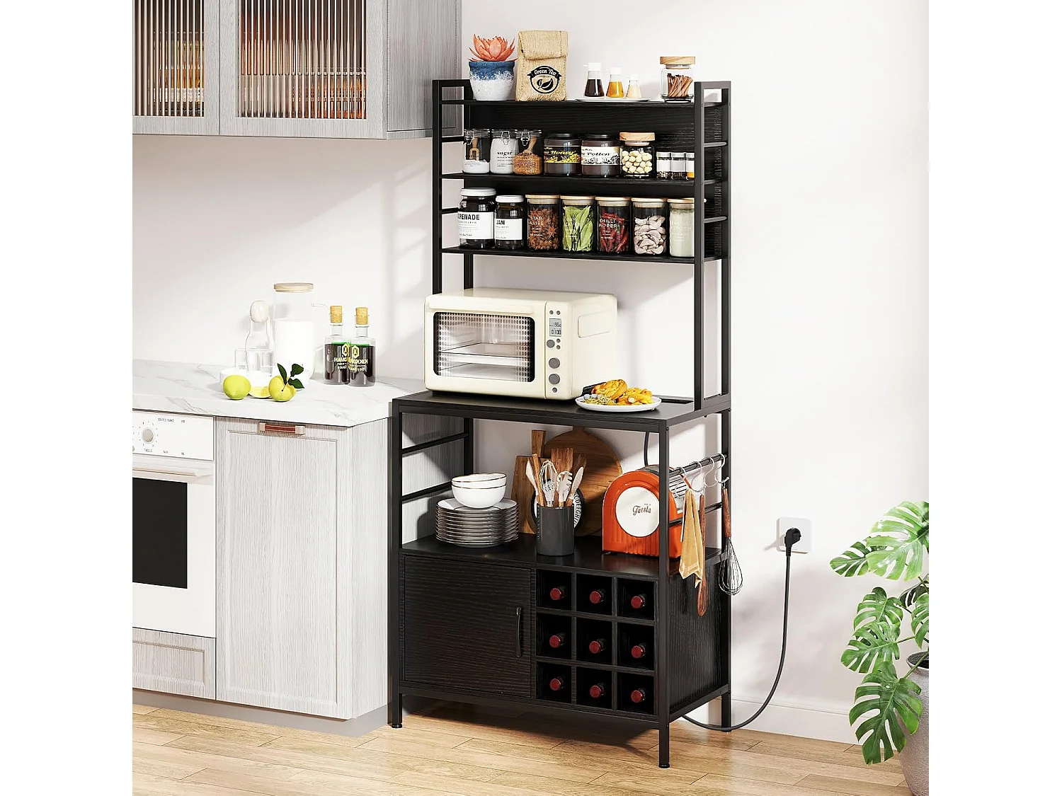 Keukenrek met stopcontact, wijnrek voor 9 flessen, staand rek met kast, open planken en haken,bakkersrek voor keuken, 80 x 40 x 170cm (zwart)VH33775