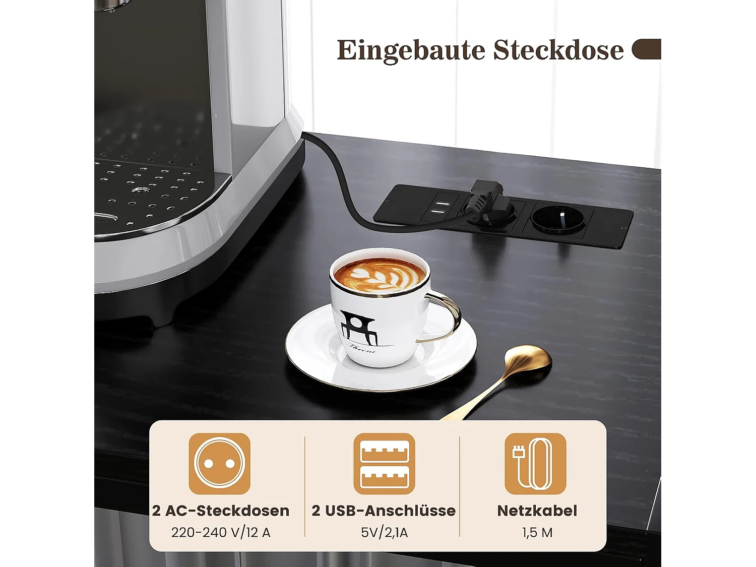 Keukenrek met stopcontact, wijnrek voor 9 flessen, staand rek met kast, open planken en haken,bakkersrek voor keuken, 80 x 40 x 170cm (zwart)VH33775