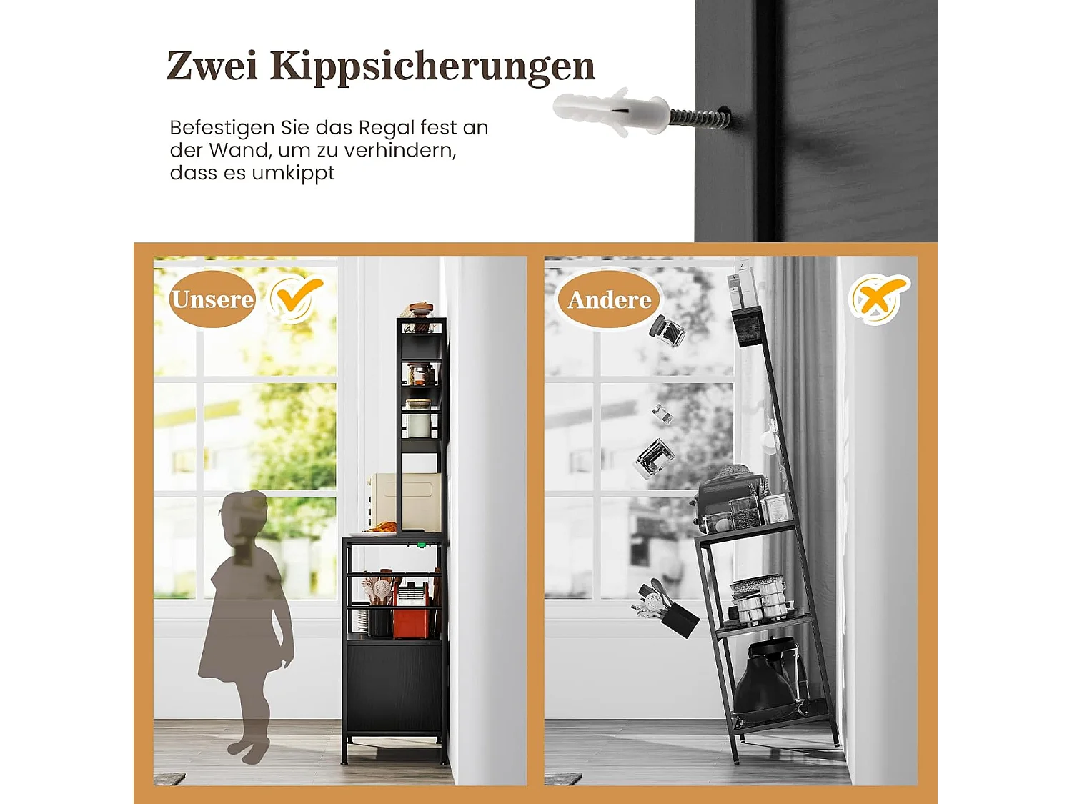 Keukenrek met stopcontact, wijnrek voor 9 flessen, staand rek met kast, open planken en haken,bakkersrek voor keuken, 80 x 40 x 170cm (zwart)VH33775