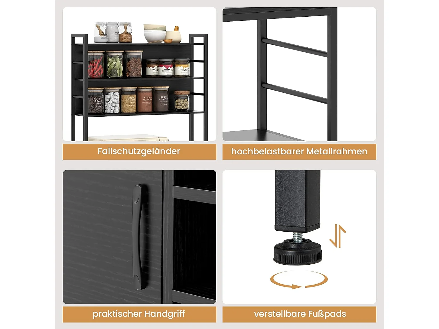 Keukenrek met stopcontact, wijnrek voor 9 flessen, staand rek met kast, open planken en haken,bakkersrek voor keuken, 80 x 40 x 170cm (zwart)VH33775