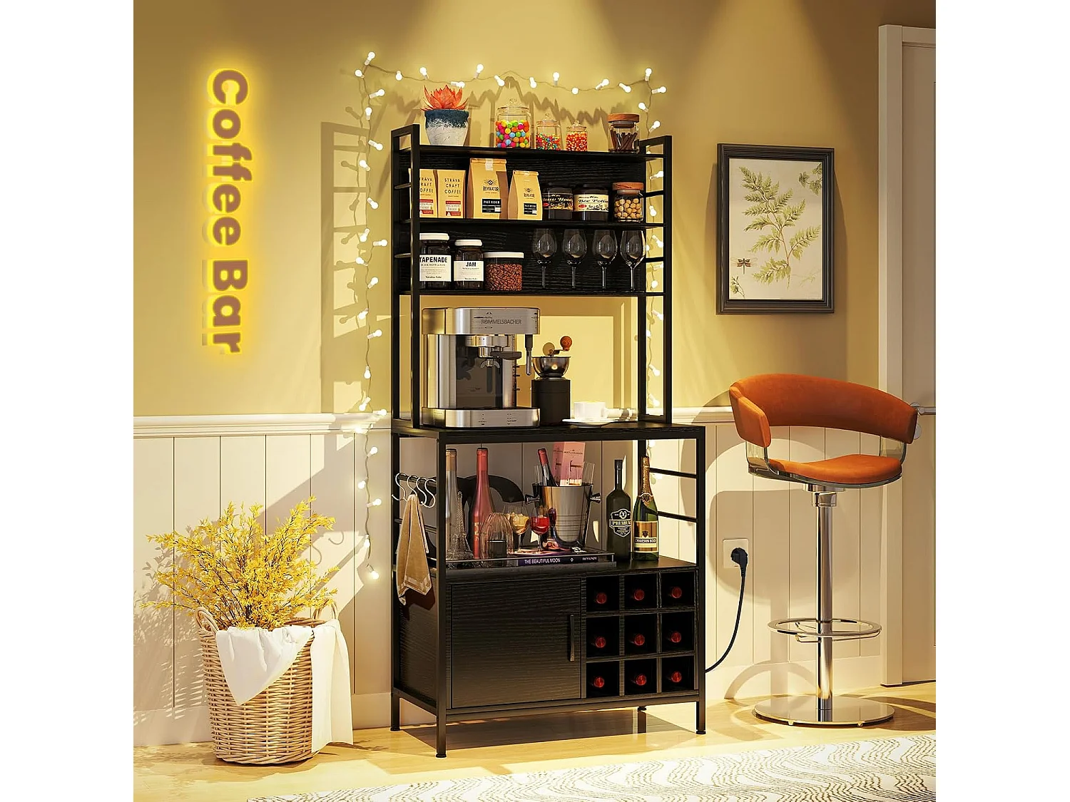 Keukenrek met stopcontact, wijnrek voor 9 flessen, staand rek met kast, open planken en haken,bakkersrek voor keuken, 80 x 40 x 170cm (zwart)VH33775