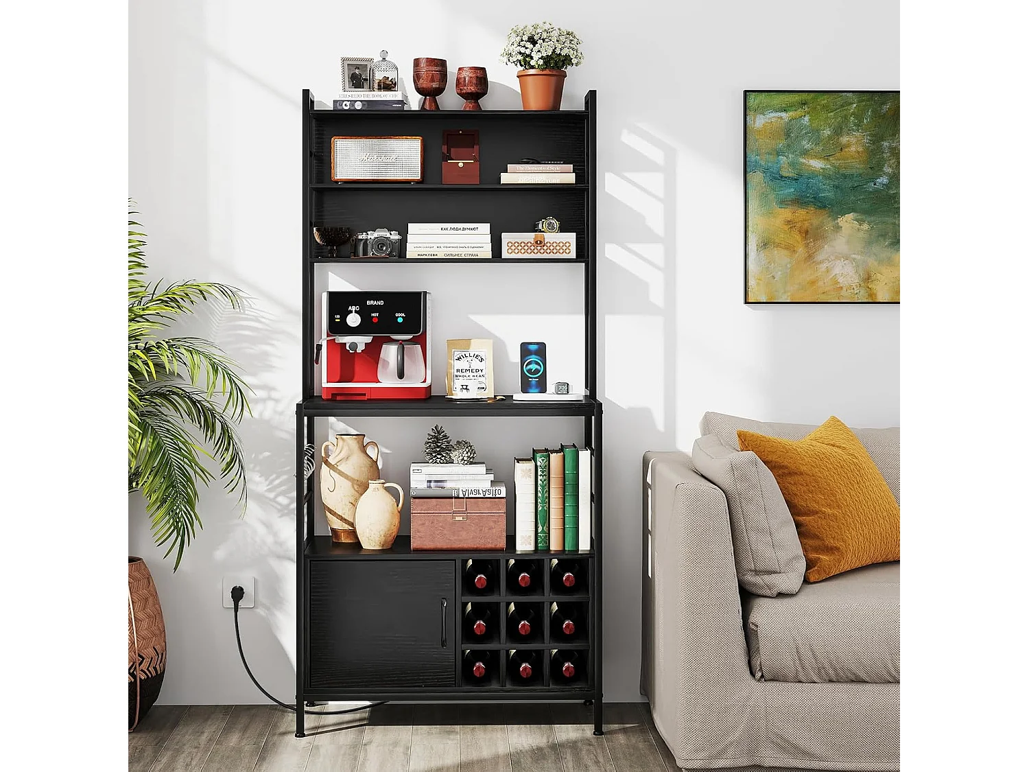 Keukenrek met stopcontact, wijnrek voor 9 flessen, staand rek met kast, open planken en haken,bakkersrek voor keuken, 80 x 40 x 170cm (zwart)VH33775