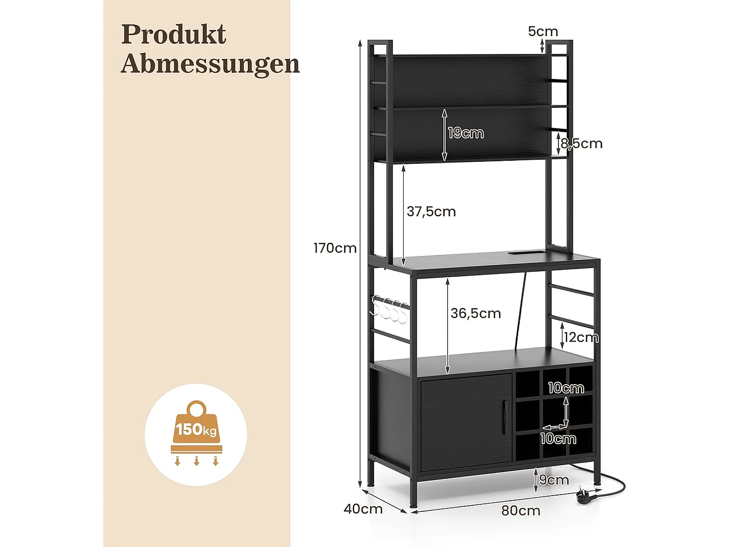 Keukenrek met stopcontact, wijnrek voor 9 flessen, staand rek met kast, open planken en haken,bakkersrek voor keuken, 80 x 40 x 170cm (zwart)VH33775