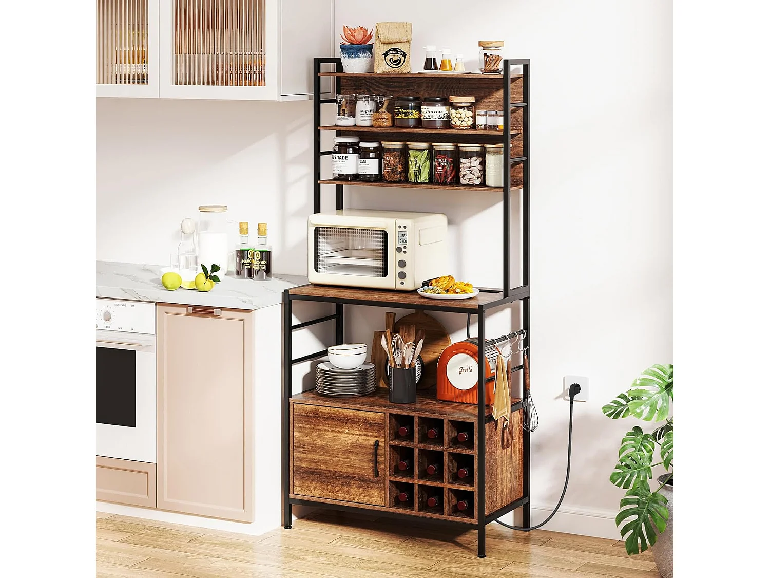 Keukenrek met stopcontact, wijnrek voor 9 flessen, staand rek met kast,magnetronrek met metalen frame, bakkersrek voor keuken, 80 x 40 x 170 cm (bruin)VH33775