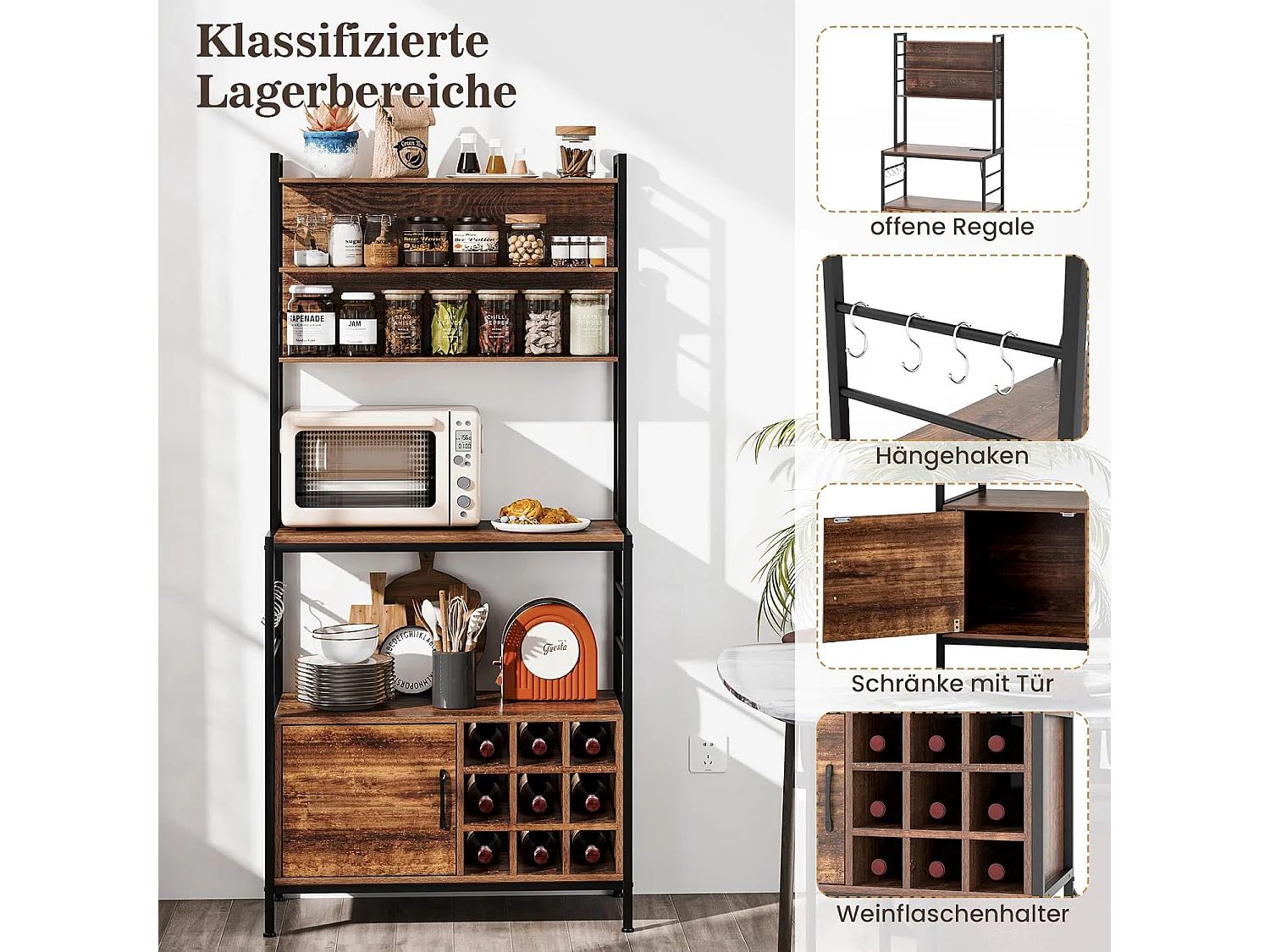 Keukenrek met stopcontact, wijnrek voor 9 flessen, staand rek met kast,magnetronrek met metalen frame, bakkersrek voor keuken, 80 x 40 x 170 cm (bruin)VH33775