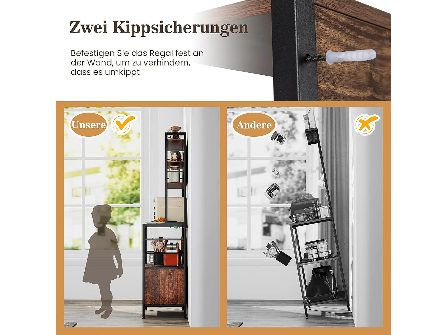 Keukenrek met stopcontact, wijnrek voor 9 flessen, staand rek met kast,magnetronrek met metalen frame, bakkersrek voor keuken, 80 x 40 x 170 cm (bruin)VH33775