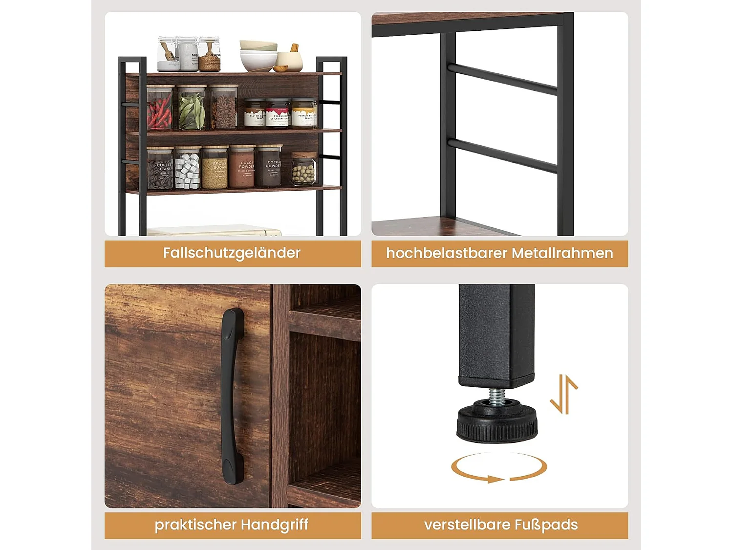 Keukenrek met stopcontact, wijnrek voor 9 flessen, staand rek met kast,magnetronrek met metalen frame, bakkersrek voor keuken, 80 x 40 x 170 cm (bruin)VH33775